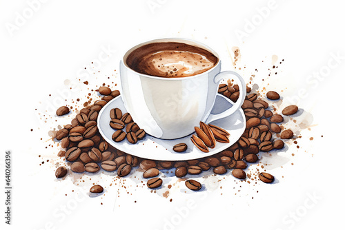 Hand drawn white mug of coffee and coffee beans on white background. Generative AI