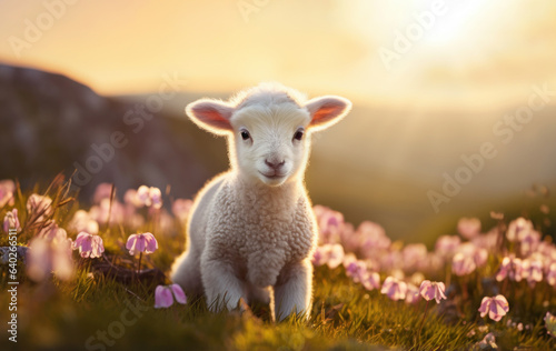 Portrait of a cute little lamb in a meadow photo