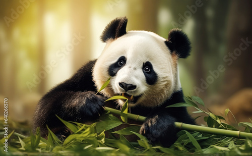 Giant panda eating bamboo. Habitat loss concept.