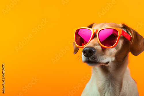Cute funny dog wearing sunglasses on color background. © Pacharee