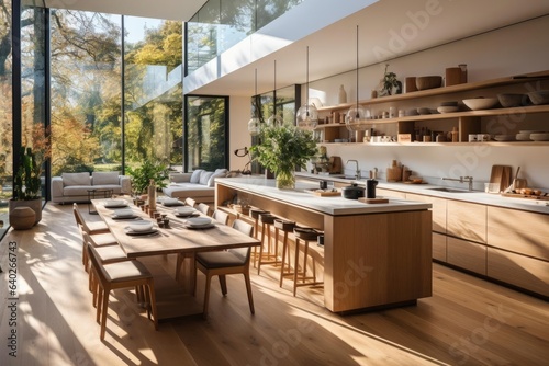 Interior photograph of modern minimalistic kitchen of big european villa with windows and wood floors
