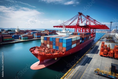 Vibrant and busy cargo port with ships, cranes, and containers