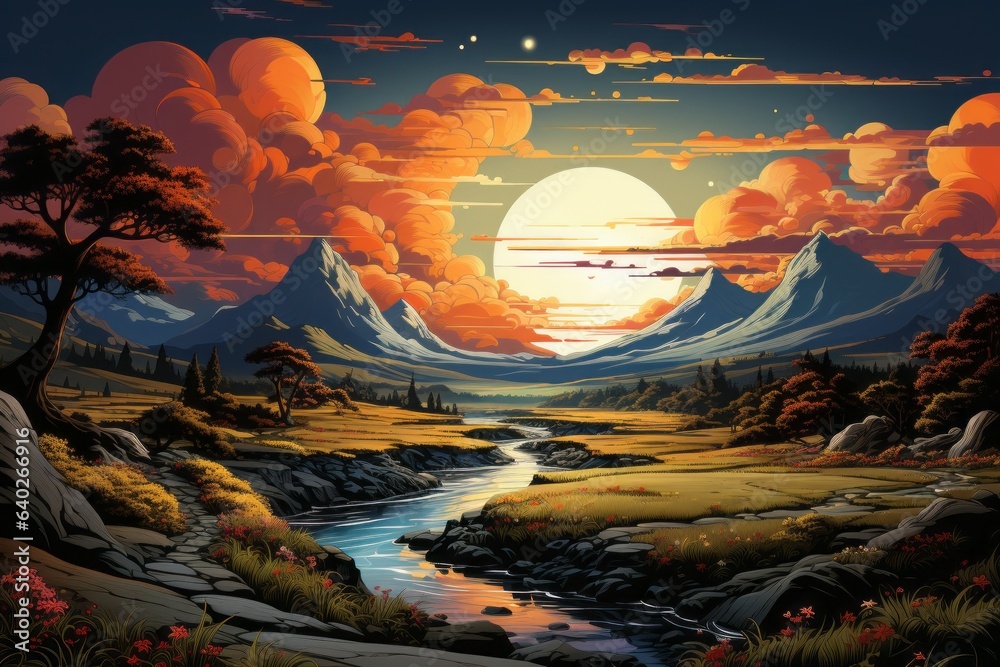 Abstract surreal landscape illustration style. Travel concept. AI generated, human enhanced Abstract surreal landscape illustration style. Travel concept. AI generated, human enhanced