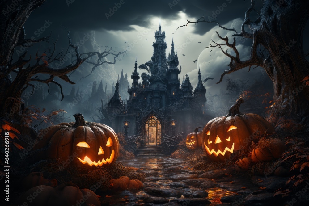 Pumpkins on a gloomy gothic background. Halloween concept. Background with selective focus and copy space