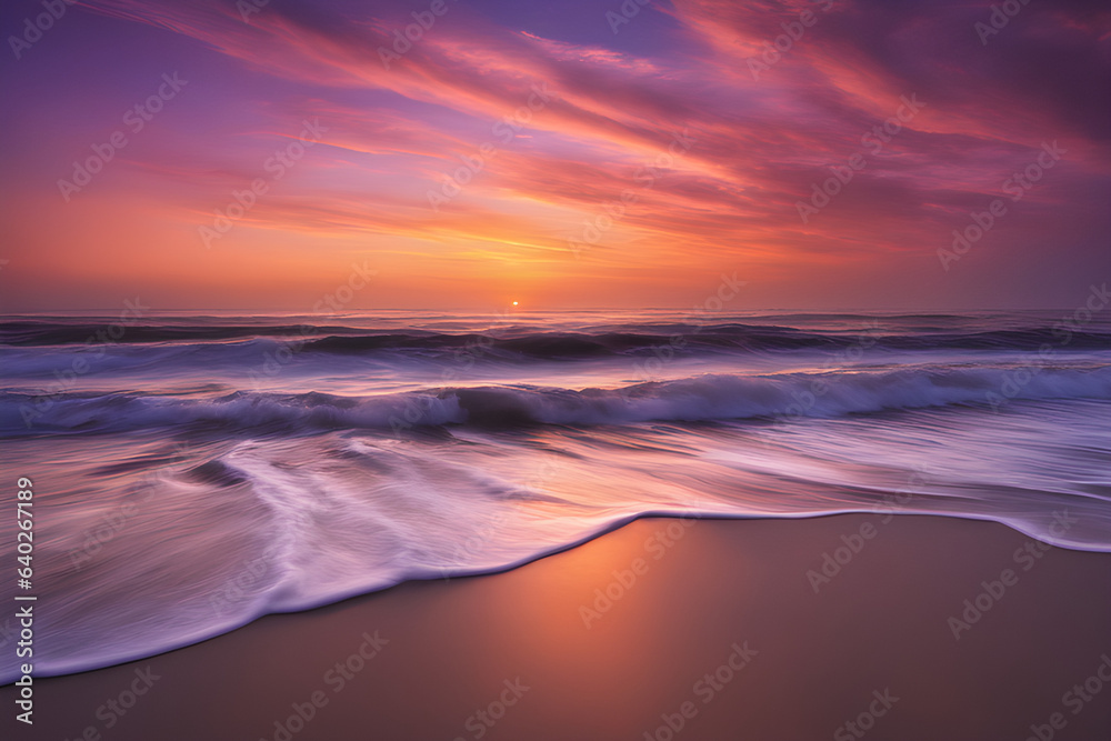 Please create an image of a serene sunset over a beach. The waves are gently rolling in, and the sky is painted with shades of orange and purple. Generative AI.