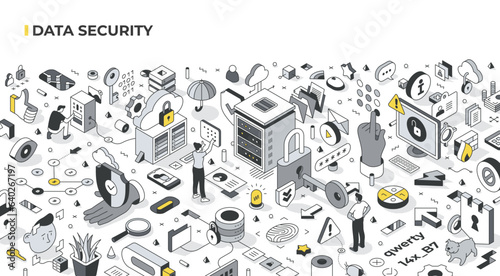 Securing data with advanced tech to prevent, detect fraud. Shielding personal info online. Ensuring data protection in the digital realm. Isometric illustration in linear style