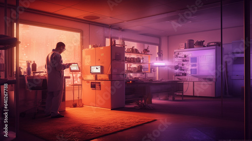 Illustration of a contemporary mechanical testing laboratory with a technician at work. The lighting in the laboratory is coordinated with the needs of the test to be performed.