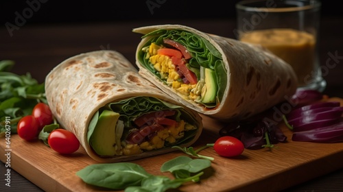 Delicious and Satisfying: A Flavorful Assortment of Fresh Wraps, Sandwiches, and Tacos with Savory Fillings and Vibrant Vegetables!, generative AI