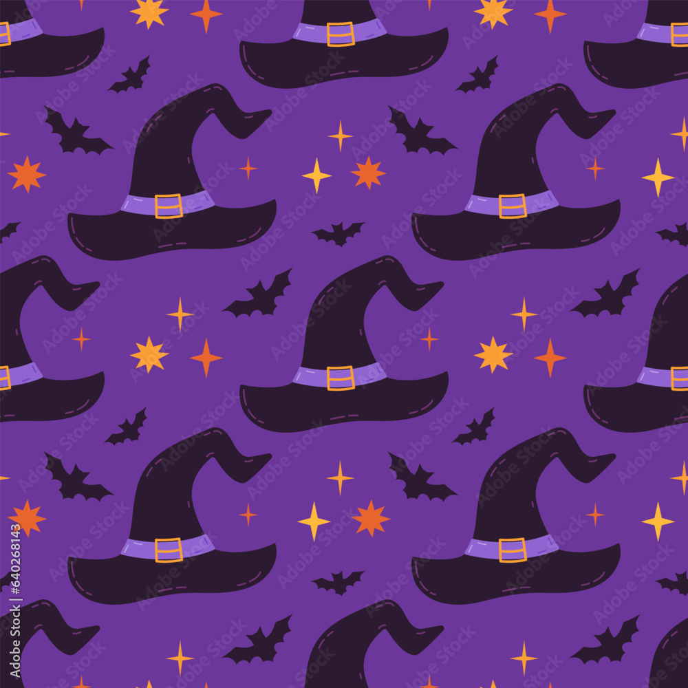 Magic Halloween seamless pattern. Hat witch, bats, stars night. Purple holiday background.