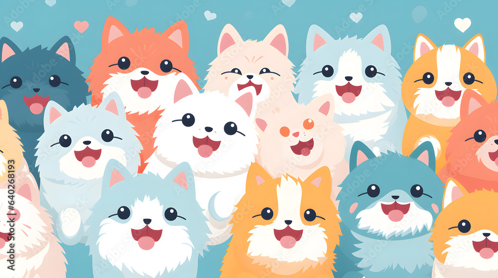 Seamless colourful cartoon pattern with cute cats and hearts in pastel colour Seamless colourful cartoon pattern with cute cats and hearts in pastel colour