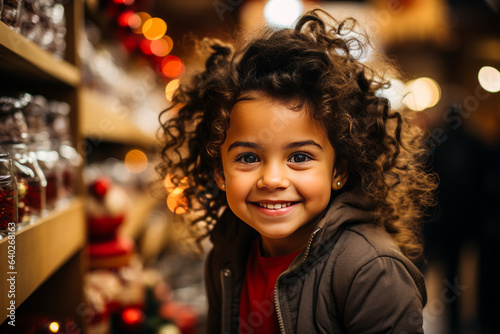 Enchanting little curly-haired girl entranced by colorful products in a bright boutique, expressing wonder and joy. photo