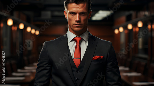 Portrait of a handsome man in a black suit and red tie.