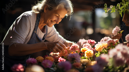 Portrait of happy senior woman florist working in flower shop © D-stock photo