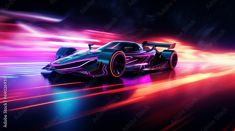 Colorful neon light racing car speedy powerful engine strike