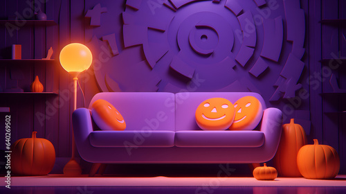 Interior of purple and orange living room with comfortable sofa and pumpkin decro. 3d rendering photo