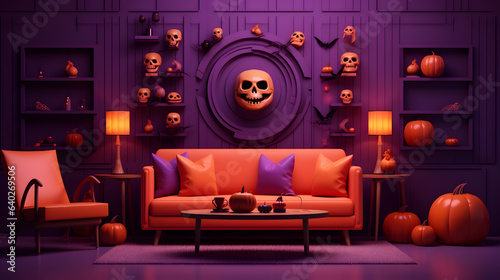 Interior of purple and orange living room with comfortable sofa and pumpkin decro. 3d rendering