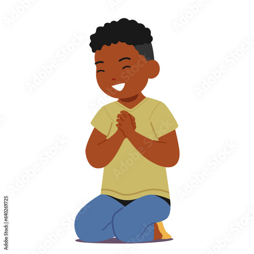 Young Child With Closed Eyes And Folded Hands, Deep In Prayer. Little Black Boy Character with Happy Expression