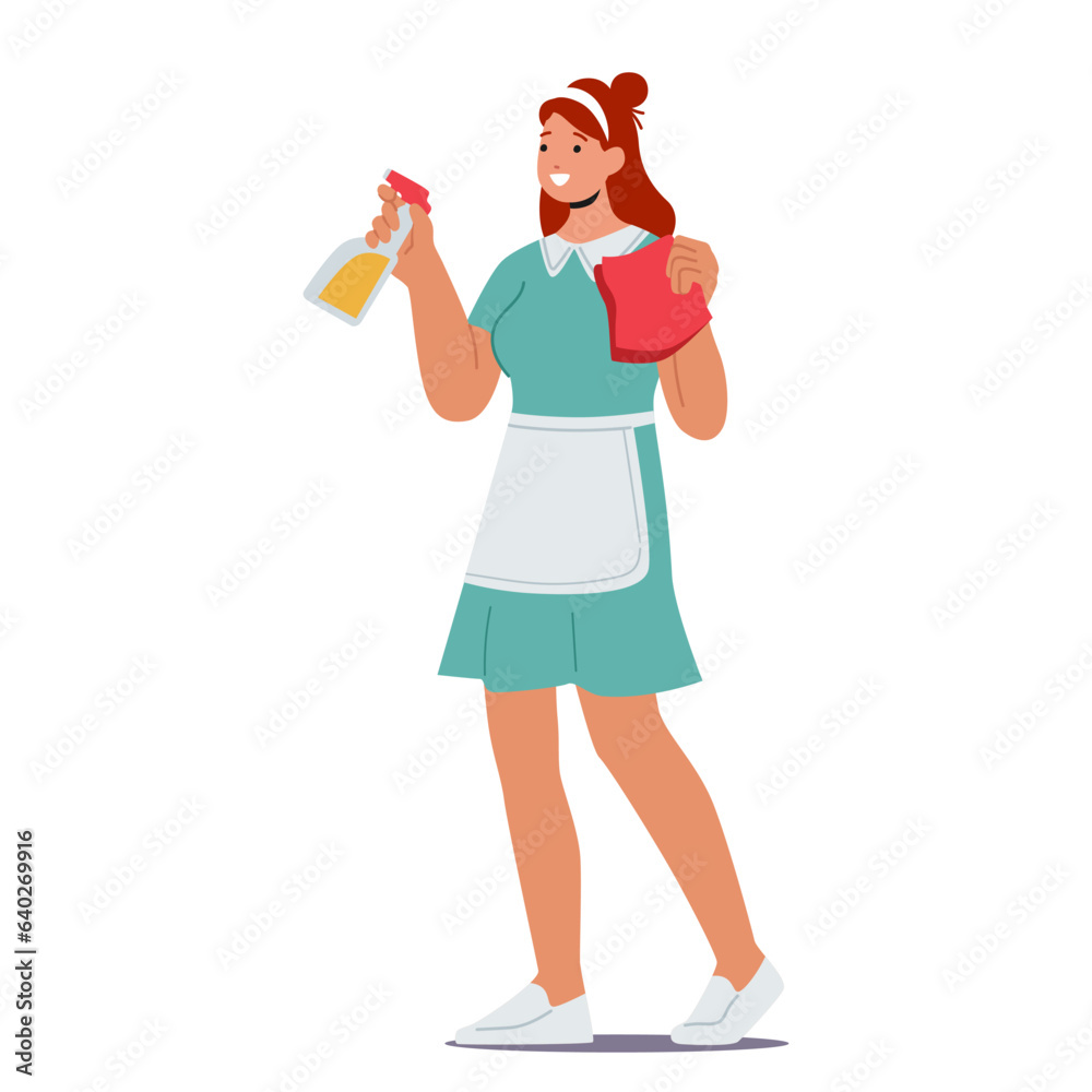 Maid Female Character Efficiently Cleans And Polishes Surfaces With A Spray And Rag. Tackles Dust, Dirt, And Grime Maid Female Character Efficiently Cleans And Polishes Surfaces With A Spray And Rag. Tackles Dust, Dirt, And Grime