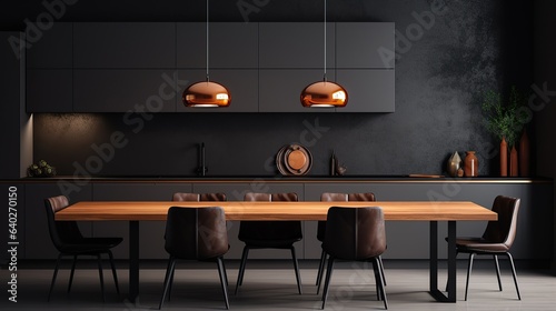 large kitchen room with modern interior design with wood table and chairs for home against the background a dark classic wall, Generative AI