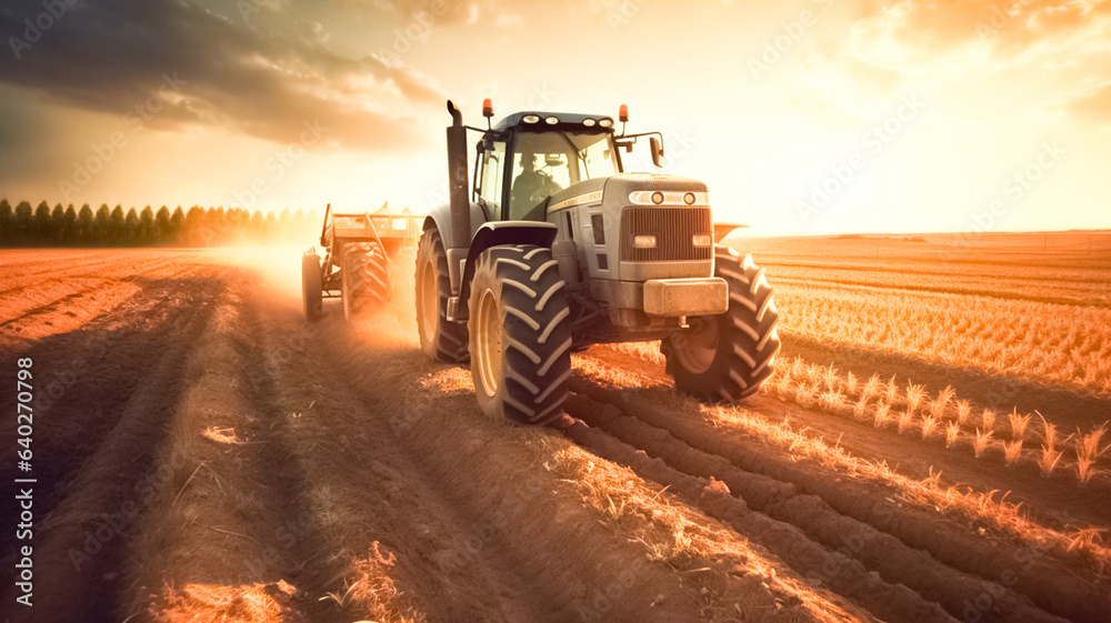 Naklejka premium Rural seasonal works on farm land by industrial farming machinery or tractor on nature field at sunset.