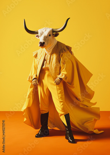 A powerful, strong bull dressed in a matador's ornate outfit poses in front of a minimalist background. Display of power. Generative AI.