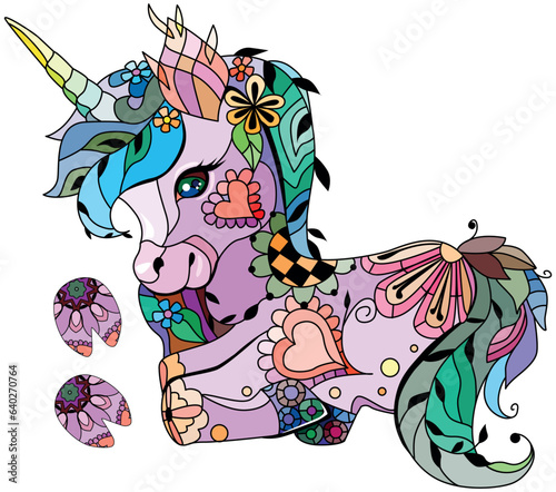 Cute cartoon unicorn with hoof prints. Fantastic animal. Colorful image. For the design of prints, posters, stickers, tattoos. © Andreichenko