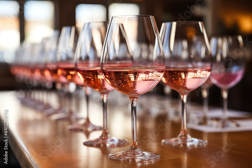 Many glasses of rose wine at wine tasting 