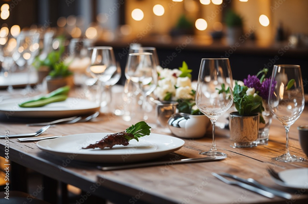 Fototapeta premium Table setting in a luxury restaurant. Selective focus glasses and plates