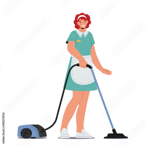 Efficient Maid Effortlessly Maneuvers Vacuum Cleaner, Swiftly Gliding Across Floors, Leaving Behind Pristine Surfaces