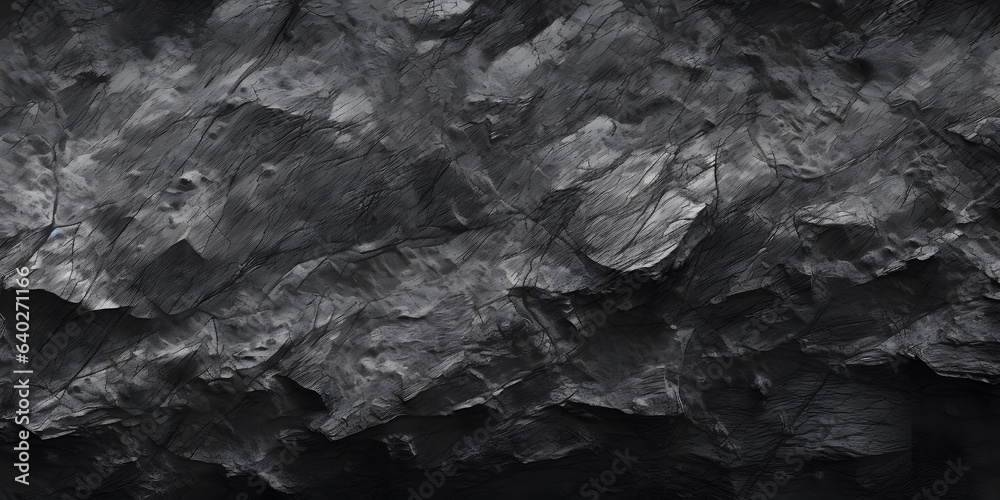 Black white rock texture. Rough mountain surface. Close-up. Volumetric stone background with space for design. Dark gray grunge backdrop. Wide banner. Panoramic