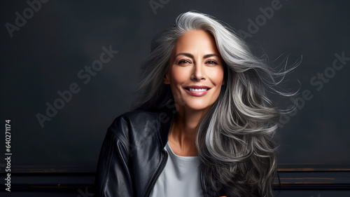 Reife Frau mit toller Haut und langen grauen Haaren. Generiert mit KI