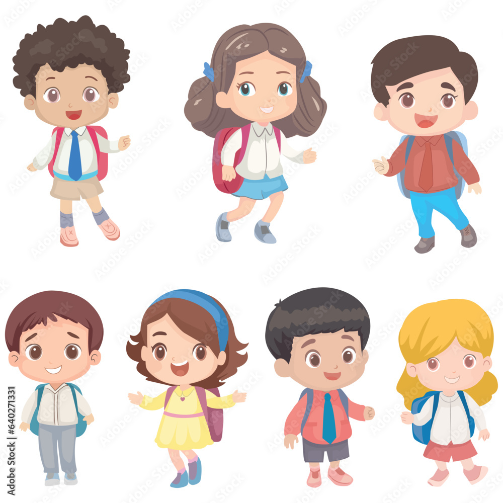 Vector set of girl, boy cartoon character. Illustration group of happy children student school, young cute childhood pupil with backpack smiling. Kindergarten youthful adorable, preschool knowledge. Vector set of girl, boy cartoon character. Illustration group of happy children student school, young cute childhood pupil with backpack smiling. Kindergarten youthful adorable, preschool knowledge.