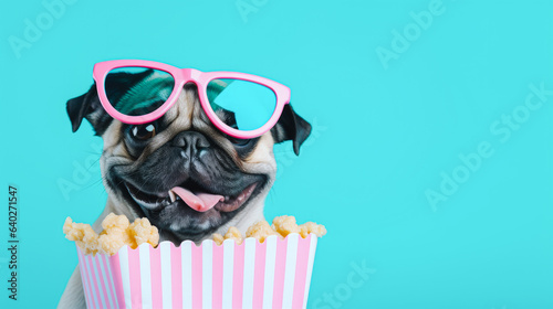 Adorable pug dog with quirky glasses posing in front of a minimalist pastel blue background with a basket overflowing with delicious popcorn. Generative AI. © Popovo