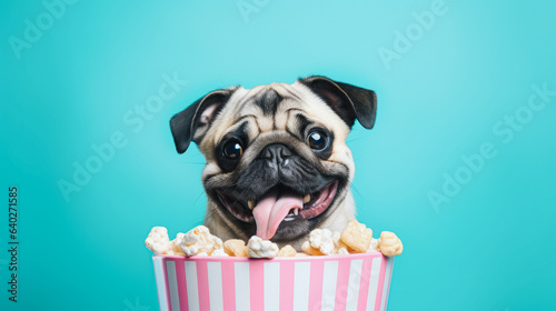 Adorable pug dog with quirky glasses posing in front of a minimalist pastel blue background with a basket overflowing with delicious popcorn. Generative AI.