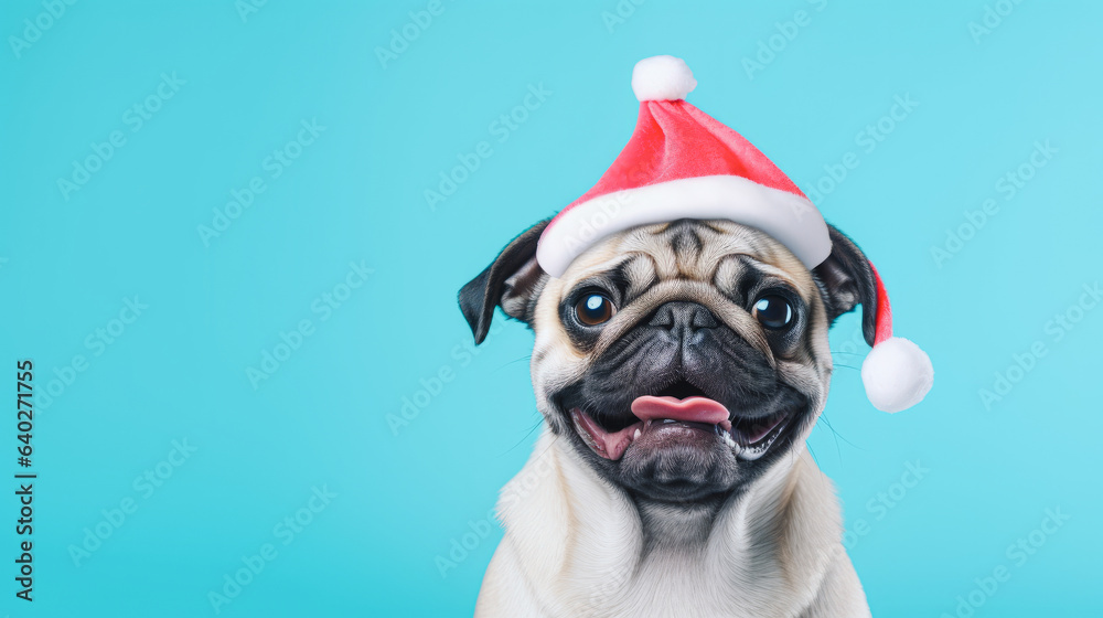 Adorable smiling pug dog with a quirky celebratory hat or Santa Claus cap posing in front of a minimalist pastel blue background. Generative AI.