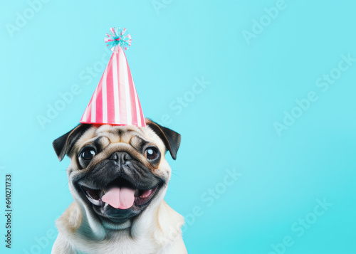 Adorable smiling pug dog with a quirky celebratory hat or Santa Claus cap posing in front of a minimalist pastel blue background. Generative AI.