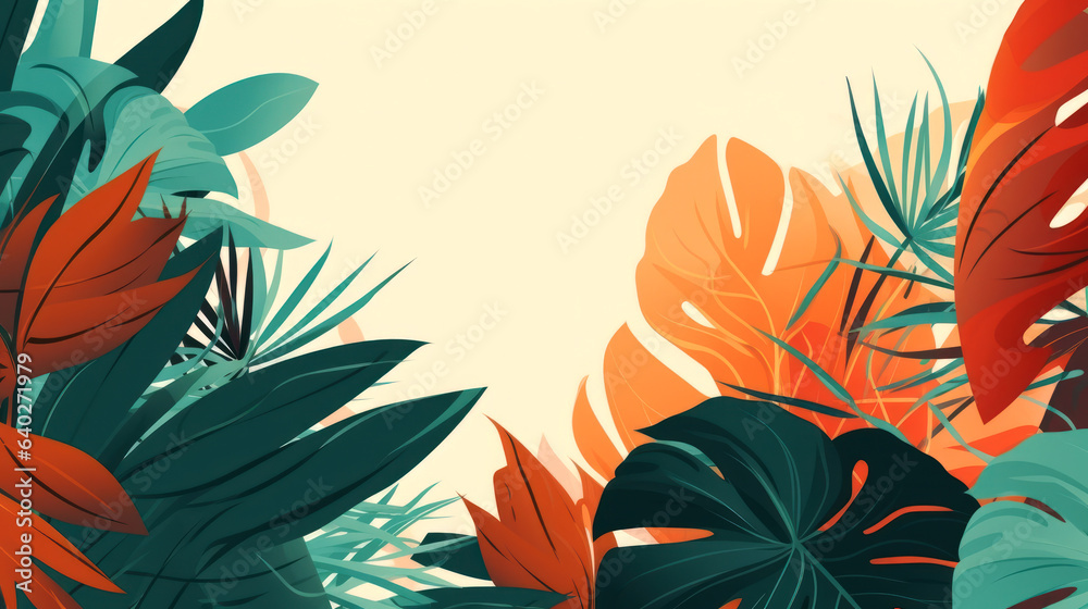 Fototapeta premium Background with tropical leaves, 70's art style. Ai generative.
