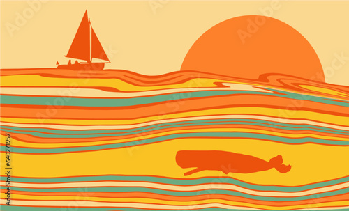 A sailboat is seen on colorful churning water at sea at sunset and a whale is seen below the boat in a colorful illustration about yachting or sailing.