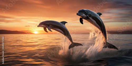 Group of Dolphins Frolicking in Harmonious Leaps Against Sunset Backdrop - Majestic Aquatic Display © pkproject