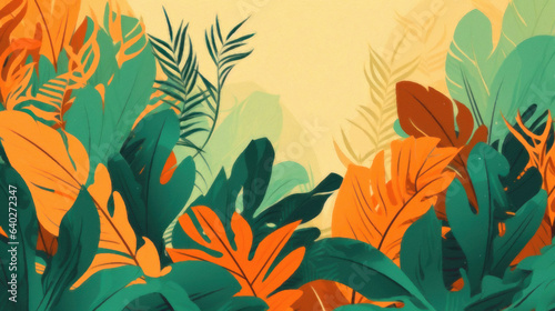 Background with tropical leaves, 70's art style. Ai generative.