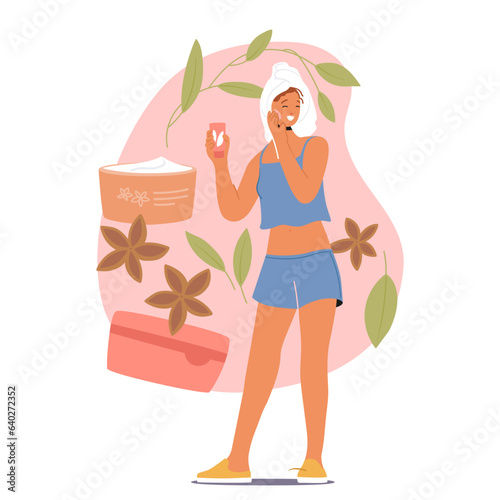 Female Character Applying Face Cream, Girl Gently Moisturizes Her Skin, Enhancing Its Radiance And Healthy Complexion