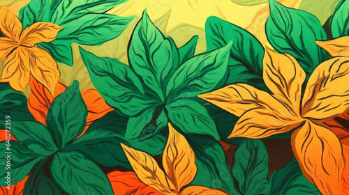 Background  with tropical leaves  70 s art style. Ai generative.