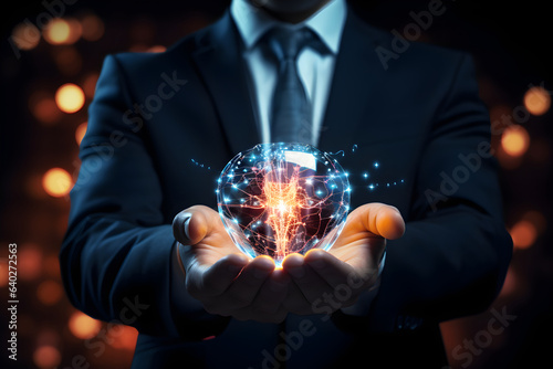Innovative Visualization  Hand with Hologram Light Bulb in Business