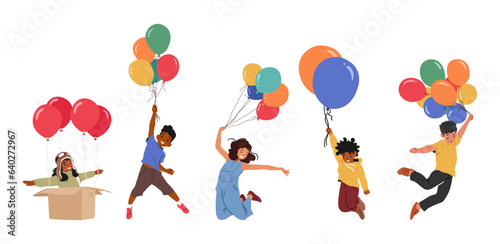 Joyful Kids Soaring On Vibrant Balloons In The Sky Embrace The Whimsical Adventure Of Floating Among The Clouds