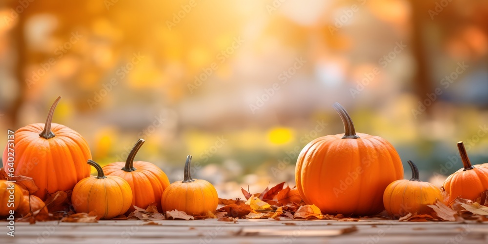 Defocused colorful bright autumn ultra wide panoramic background with blurry pumpkins and falling autumn leaves in the park. Border of orange pumpkins on a sunny day - obrazy, fototapety, plakaty 