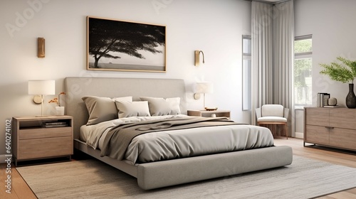 A gender-neutral and modern bedroom design with neutral colors, clean lines, and functional storage solutions © KHADIJA