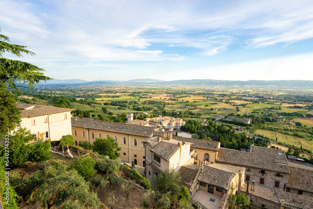 A panoramic view of the countryside of Umbria and the town of Assisi taken from the Basilica of St Francis, Italy.