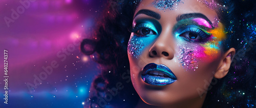 African American model with unique colorful makeup inspired by the cosmic palette on purple background. Banner. Close-up.