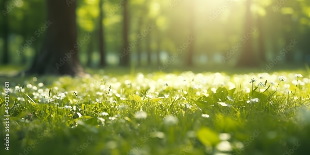 Fototapeta premium Defocused green trees in forest or park with wild grass and sun beams. Beautiful summer spring natural background