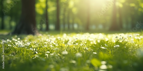 Defocused green trees in forest or park with wild grass and sun beams. Beautiful summer spring natural background